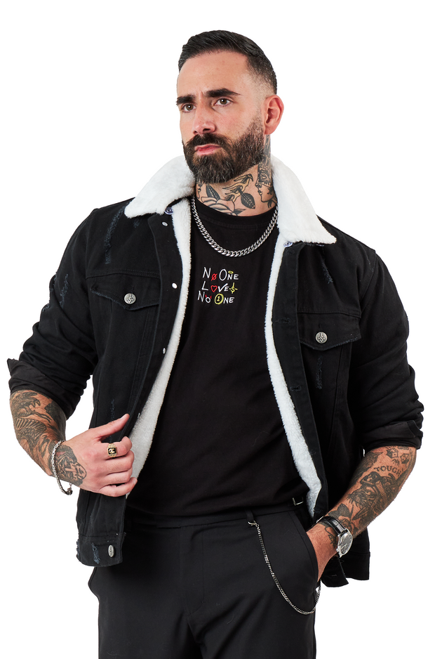 Men's Black Faux Fur Lapel Button Down Denim Jacket – Lookbook Store